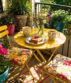 Sunny balcony with yellow table, breakfast plate, floral cushions and potted plants