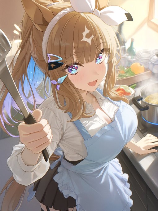 Anime horse girl Almond Eye in maid apron holding a spatula while cooking at a stove