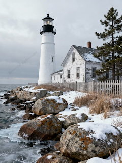White lighthouse with adjoining house on snowy rocky coast under gray sky
