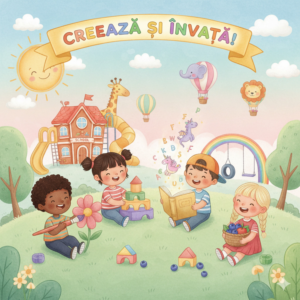Cartoon children playing and learning outdoors with toys, books, rainbow, and animals