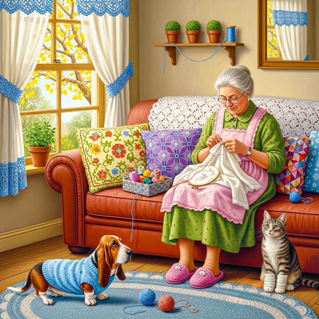 Elderly woman with glasses knitting on sofa with dog and cat in cozy living room