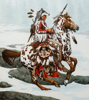 Native American rider on brown and white painted horse in snow with guardian spirit imagery