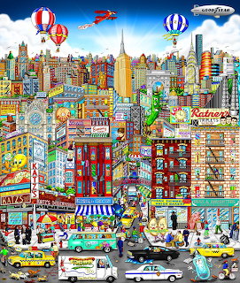 Colorful cartoon illustration of New York City with buildings, balloons, taxis, and street activity