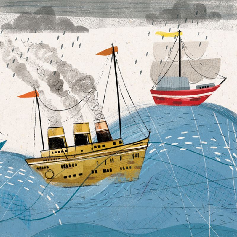 Illustration of two boats in a stormy sea with rain, dark clouds, and rough blue waves