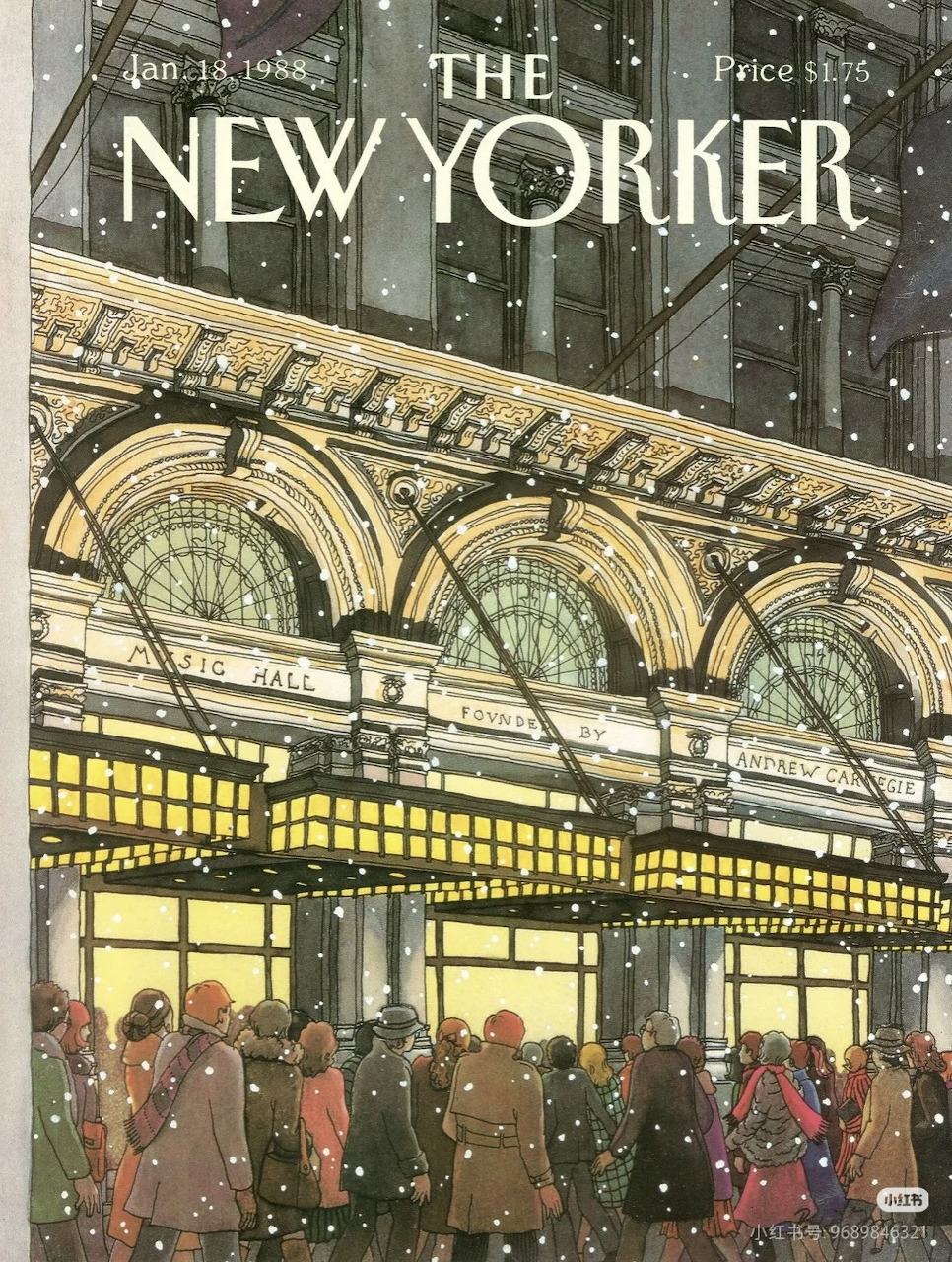 New Yorker magazine cover Jan 1988, snowy cityscape with crowds outside a grand building