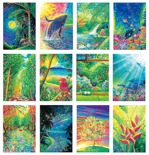 Grid of twelve colorful nature paintings showing birds, tropical flowers, landscapes and abstract scenes