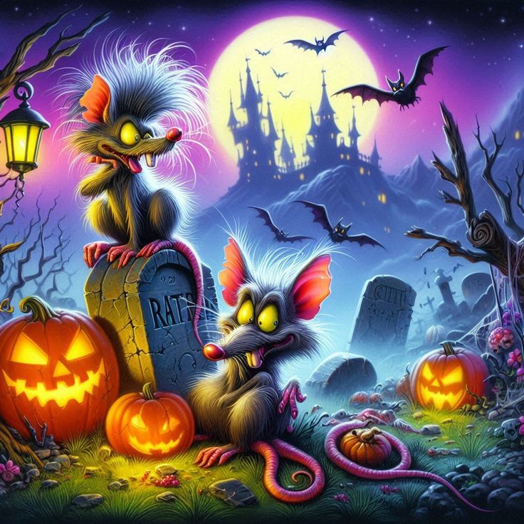 Two cartoon cats in a Halloween graveyard scene with pumpkins, tombstones, bats and a moonlit haunted castle