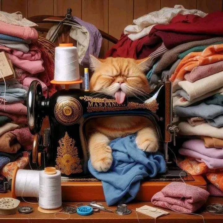 Orange tabby cat sleeping inside a vintage sewing machine between piles of folded fabric