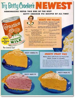 Vintage Betty Crocker recipe ad featuring four colorful pies with promotional text and branding