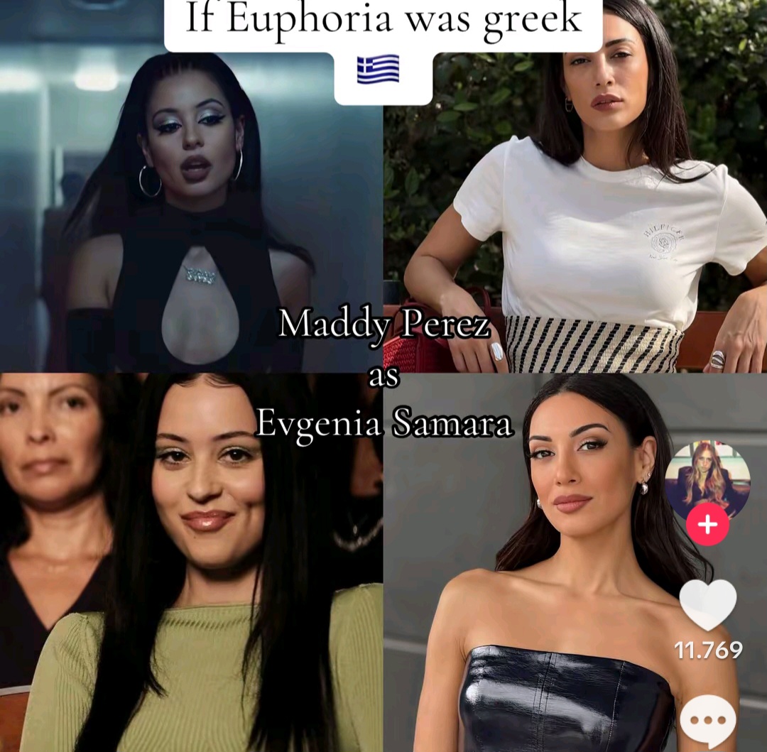 Collage of actress in different outfits and settings from Euphoria series with text overlays