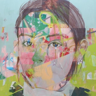 Abstract painted portrait of a woman with colorful layered brushstrokes and geometric shapes
