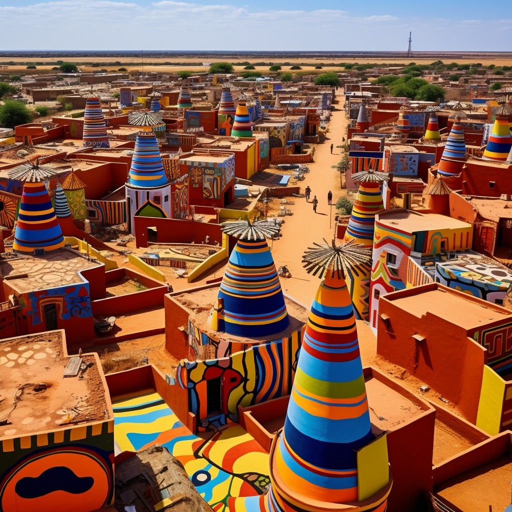 Aerial view of a colorful village with striped cone rooftops and painted buildings in a dry landscape