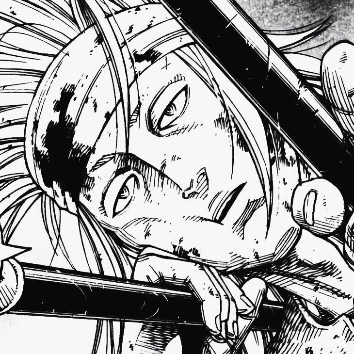 Black-and-white manga close-up of Garm with an intense stare and crossed blades