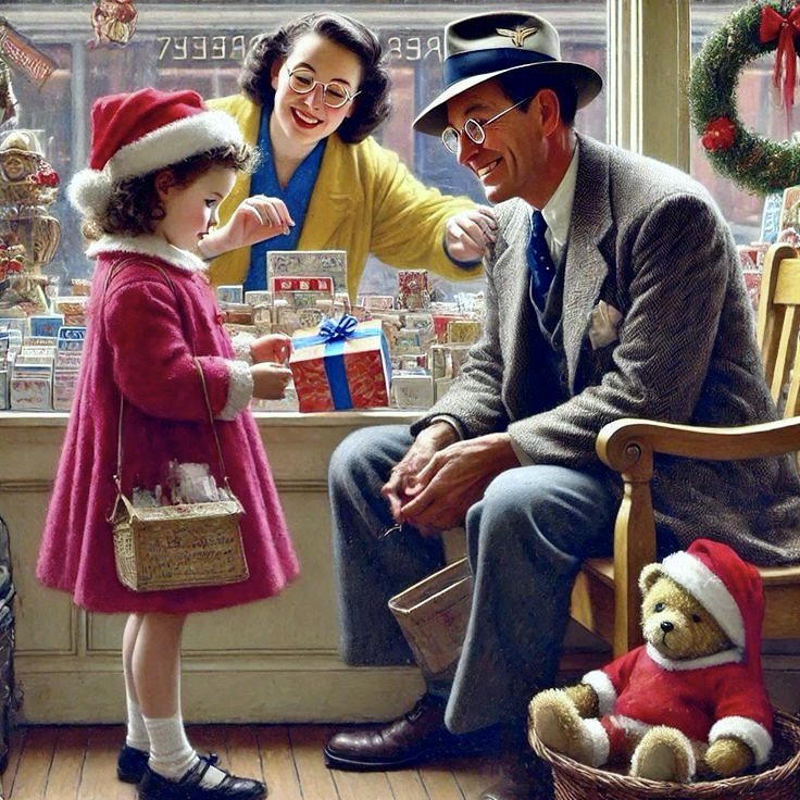 Father and daughter in Santa hats shopping in a cheerful vintage Christmas toy store with festive decorations