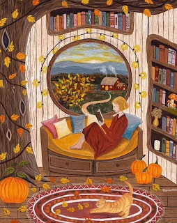 Girl reading in window seat with bookshelves, pumpkins, fall leaves, and cat on rug