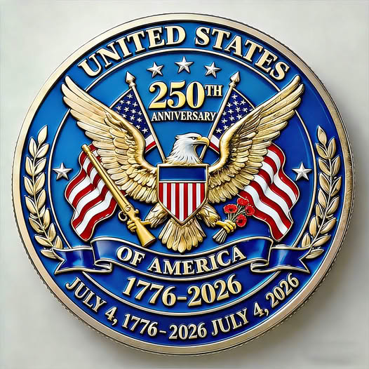 Blue and gold commemorative coin with eagle, American flags, and 250th anniversary 1776-2026 text