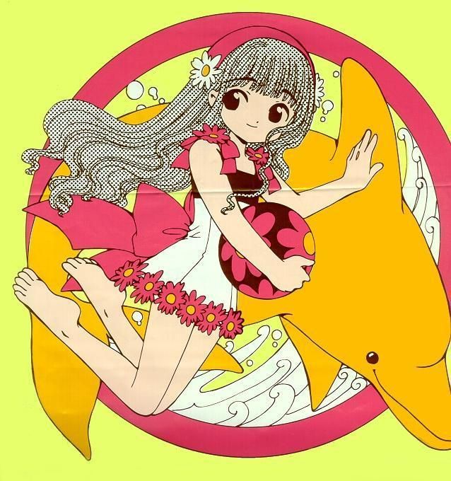 Anime girl Tomoyo in red floral dress riding a yellow dolphin on yellow background