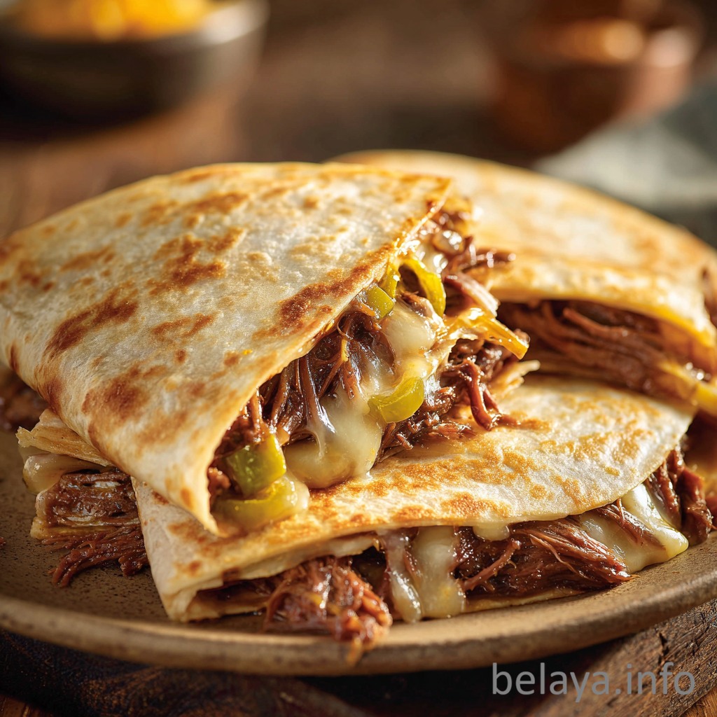 Stacked quesadilla wedges with beef and melted cheese filling on wooden board