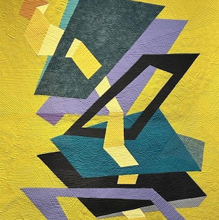 Abstract geometric art with overlapping angular shapes in yellow, teal, purple and black on textured background