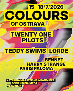 Bright colorful poster for Colours of Ostrava 2026 music festival with artist lineup text on abstract background
