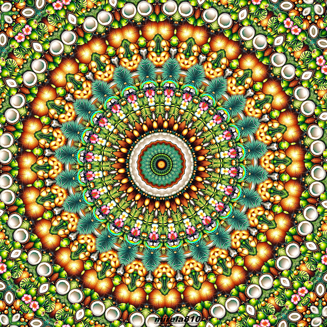 Symmetrical mandala with concentric circles in green, orange, and yellow tones, ornate geometric patterns throughout