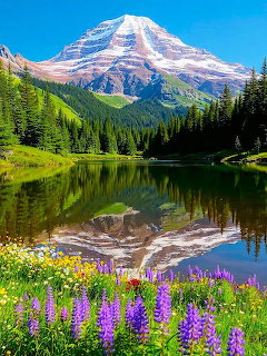 Purple wildflowers by lake with Mt. Rainier and forest reflection