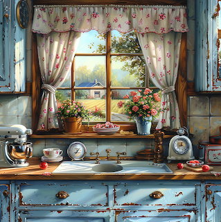Cozy country kitchen with floral curtains, window view of fields, flowers, mixer and blue sink cabinet.