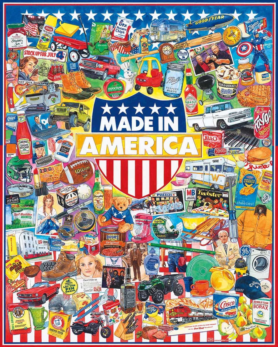 Collage of vintage American toys and products with patriotic red white and blue border and Made in America shield center