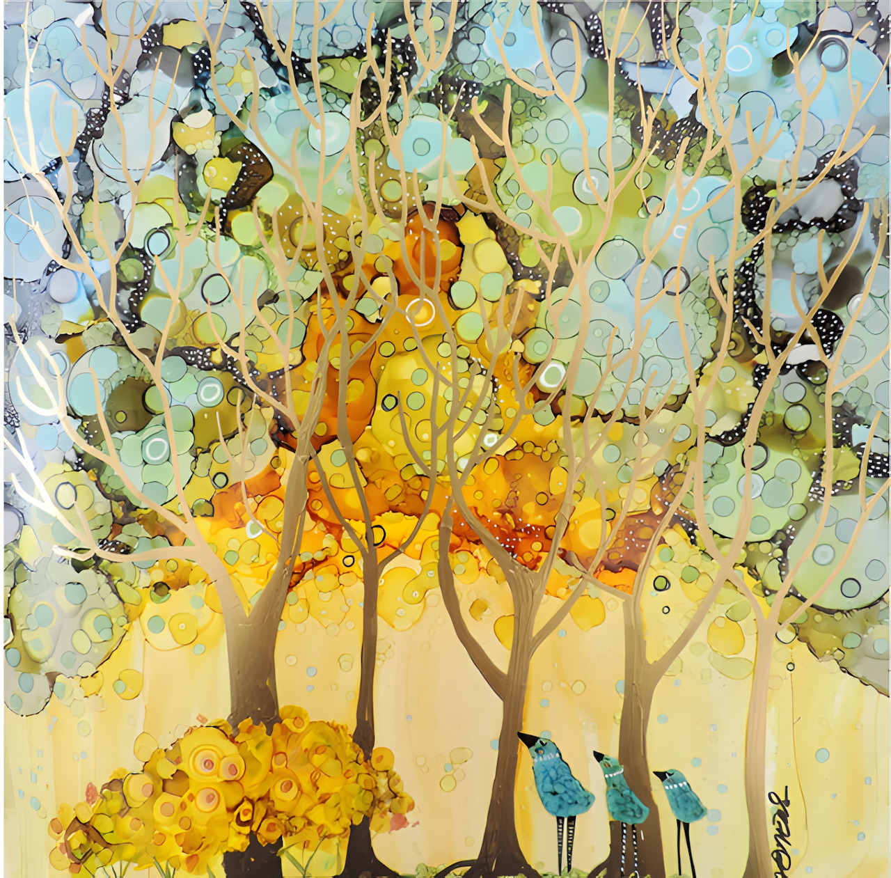 Abstract watercolor painting of trees with golden leaves and three blue birds in a dreamy forest