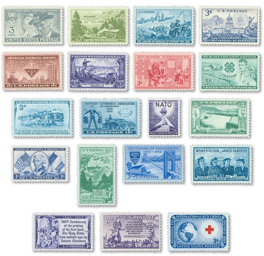 Assorted vintage US postage stamps from 1951 and 1952 arranged on a white background