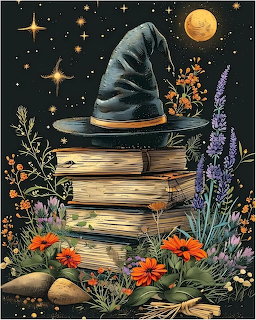 Gray witch hat resting on stack of old books with orange and purple flowers under starry night sky