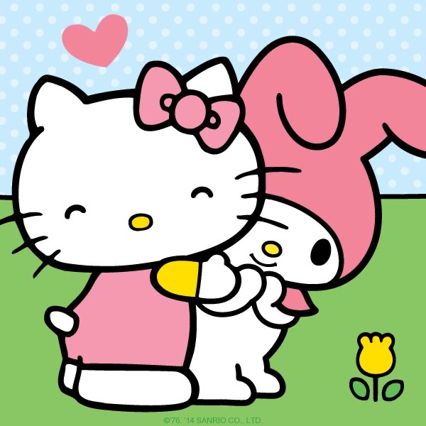 Hello Kitty and My Melody cartoon characters standing together outdoors with a heart and yellow flower