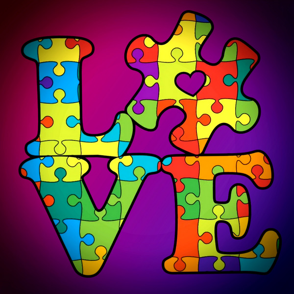 Word LOVE made of multicolored jigsaw puzzle pieces with heart designs on purple background