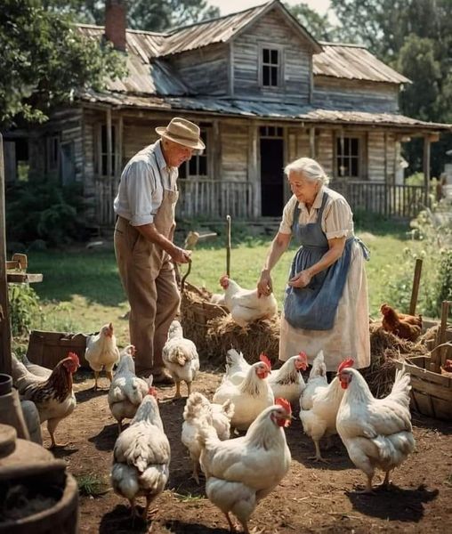 Elderly couple feeding chickens in a rustic farmyard in front of an old wooden house