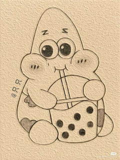 Cartoon character sketch holding a large die on a beige textured background