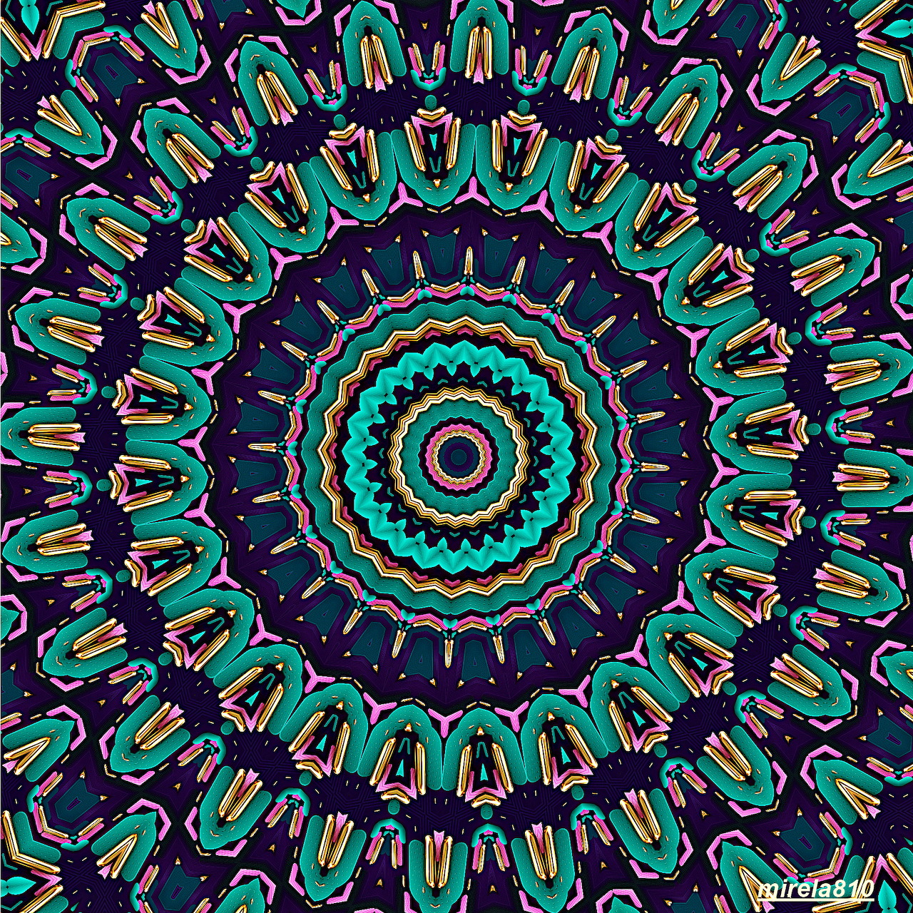 Symmetrical mandala with teal, coral and navy geometric patterns in concentric circles