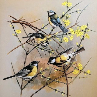 Painting of four tit birds on bare branches with small yellow flowers