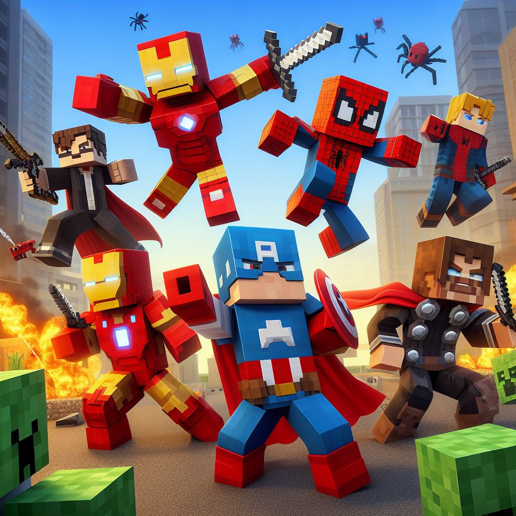 Blocky Minecraft-style Marvel superhero characters in action pose with city backdrop and explosions