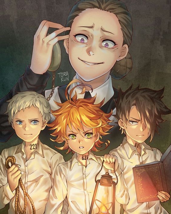 Anime characters from The Promised Neverland with three children and an older figure above them