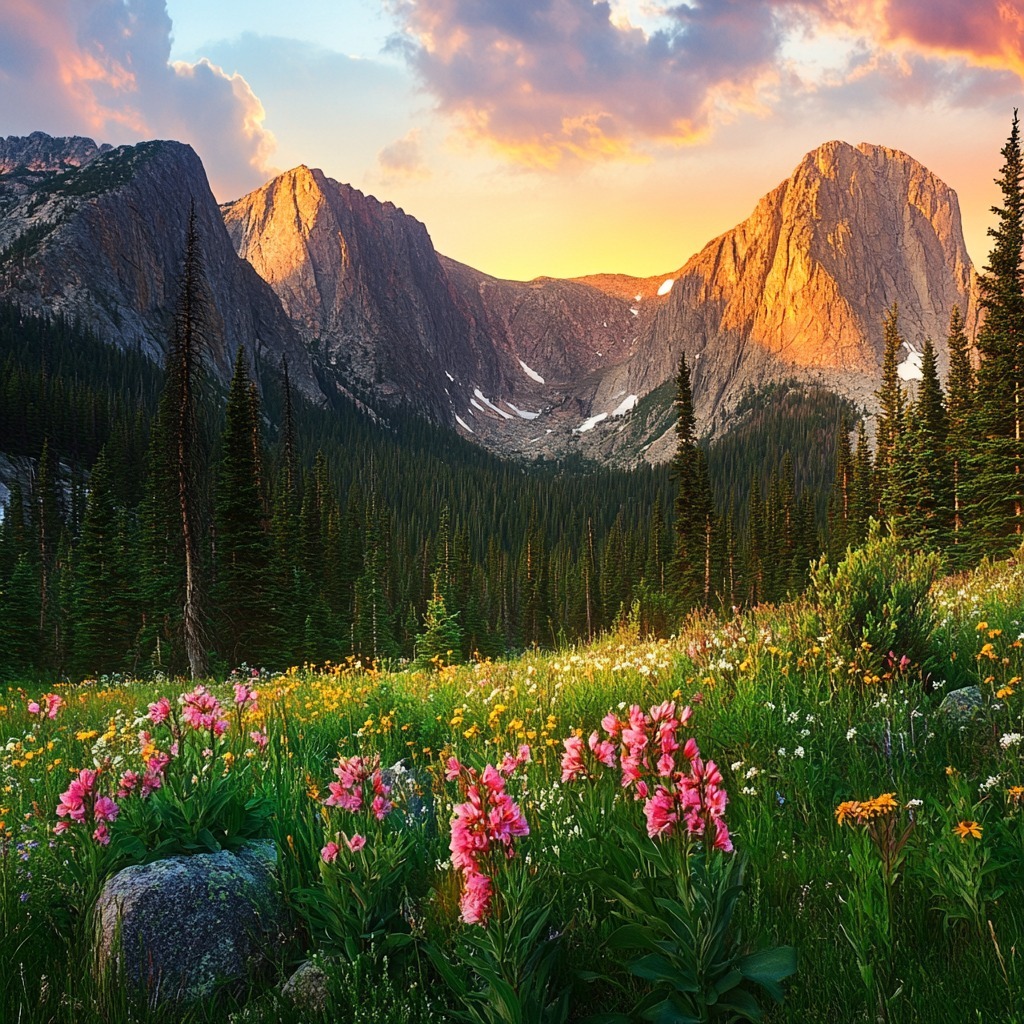 Sunset over rocky mountain peaks with pink wildflowers and evergreen forest in alpine meadow