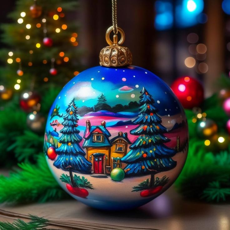 Blue Christmas ornament with a painted snowy cottage scene, surrounded by holiday lights and greenery