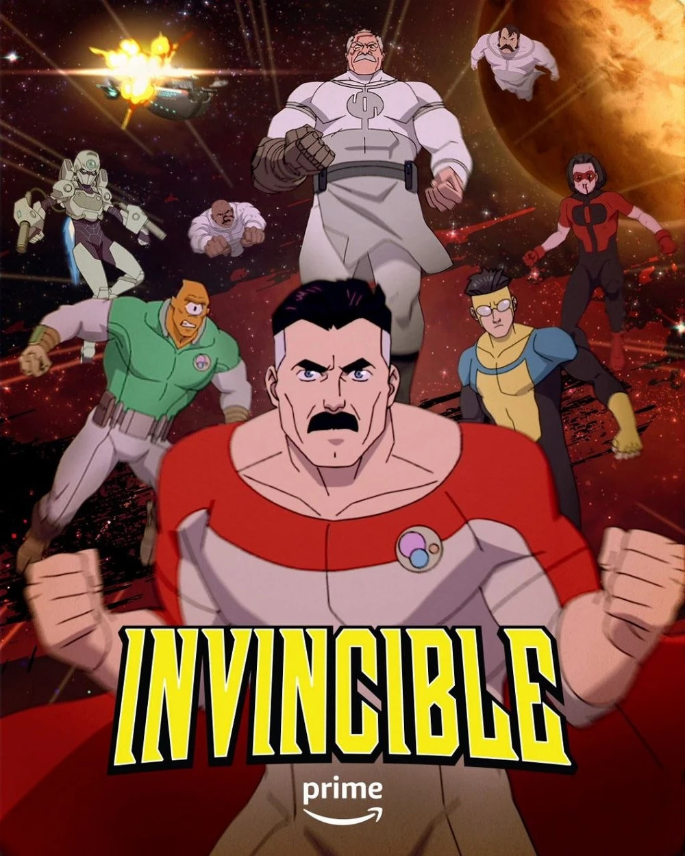 Invincible animated series poster showing superhero characters in action poses with the show title displayed prominently.