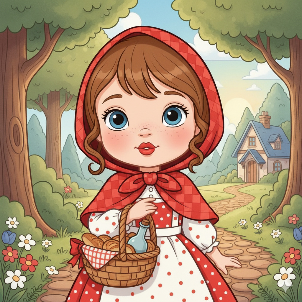 Cartoon Little Red Riding Hood girl with red cape and basket walking through a forest path