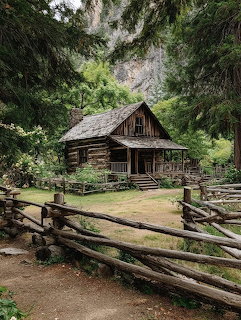 Rustic log cabin in a forest clearing behind wooden split-rail fences