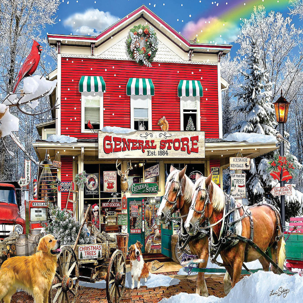 Red general store in winter with horses, dog, cardinal, Christmas wreath and snow-covered trees under rainbow sky