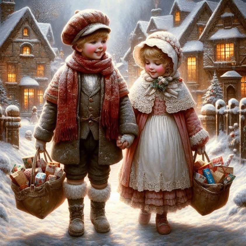 Two Victorian children in winter clothes holding baskets in a snowy village at dusk