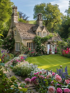 Stone cottage with blooming garden flowers and green lawn