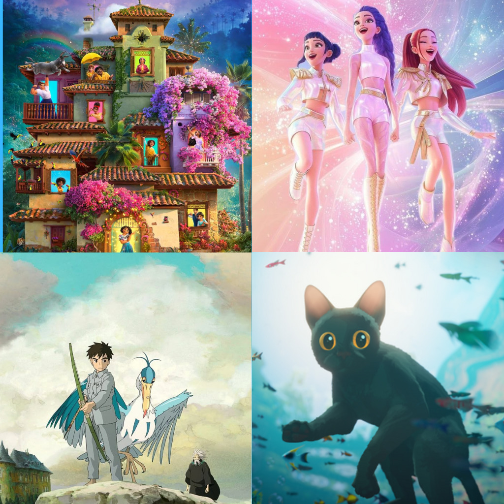 Four-panel fantasy art collage with a whimsical house, magical girls, anime boy with birds, and black cat