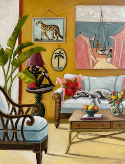 Painting of a cozy living room with a cat on a sofa, plants, and colorful decor