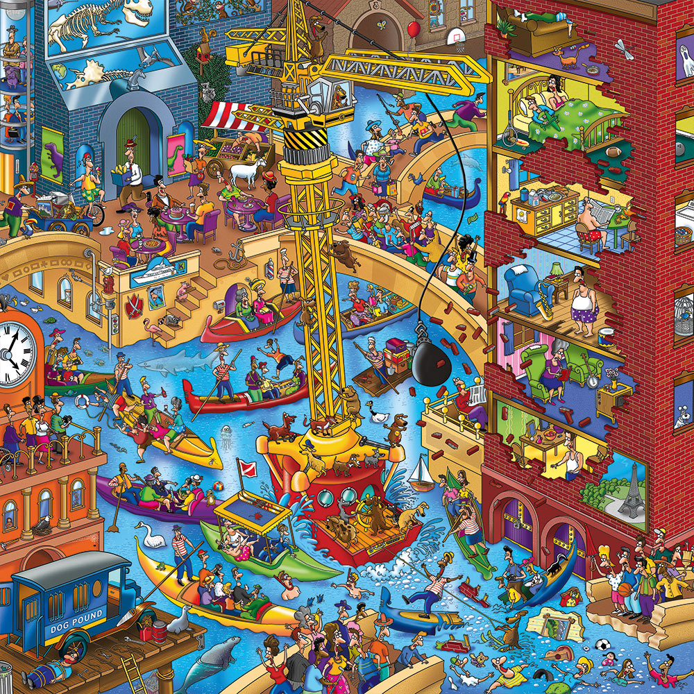 Busy cartoon scene of many dogs playing on water slides and in pools at an indoor water park